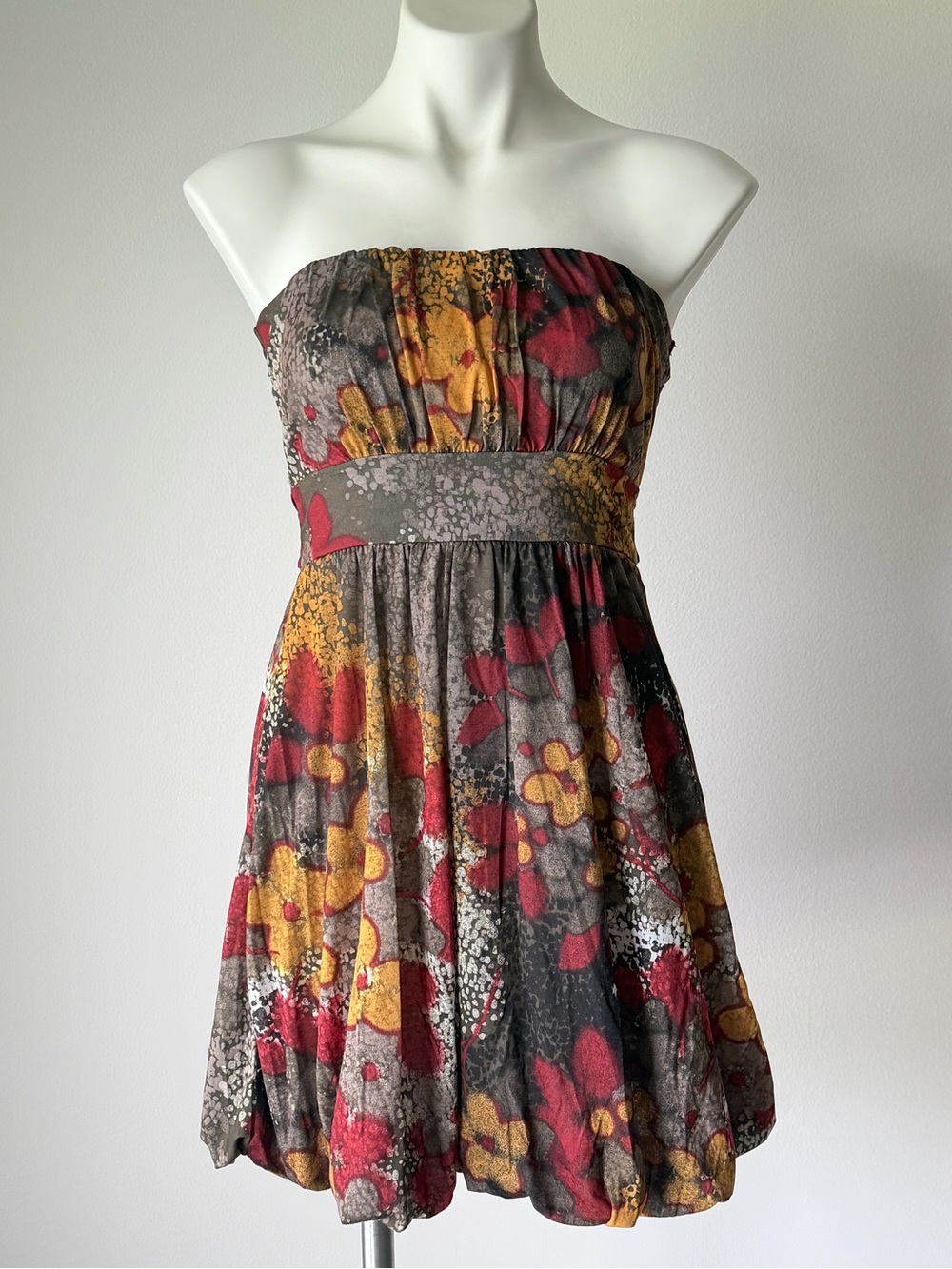 American Rag Strapless Floral Dress in Red, Mustard & Gray